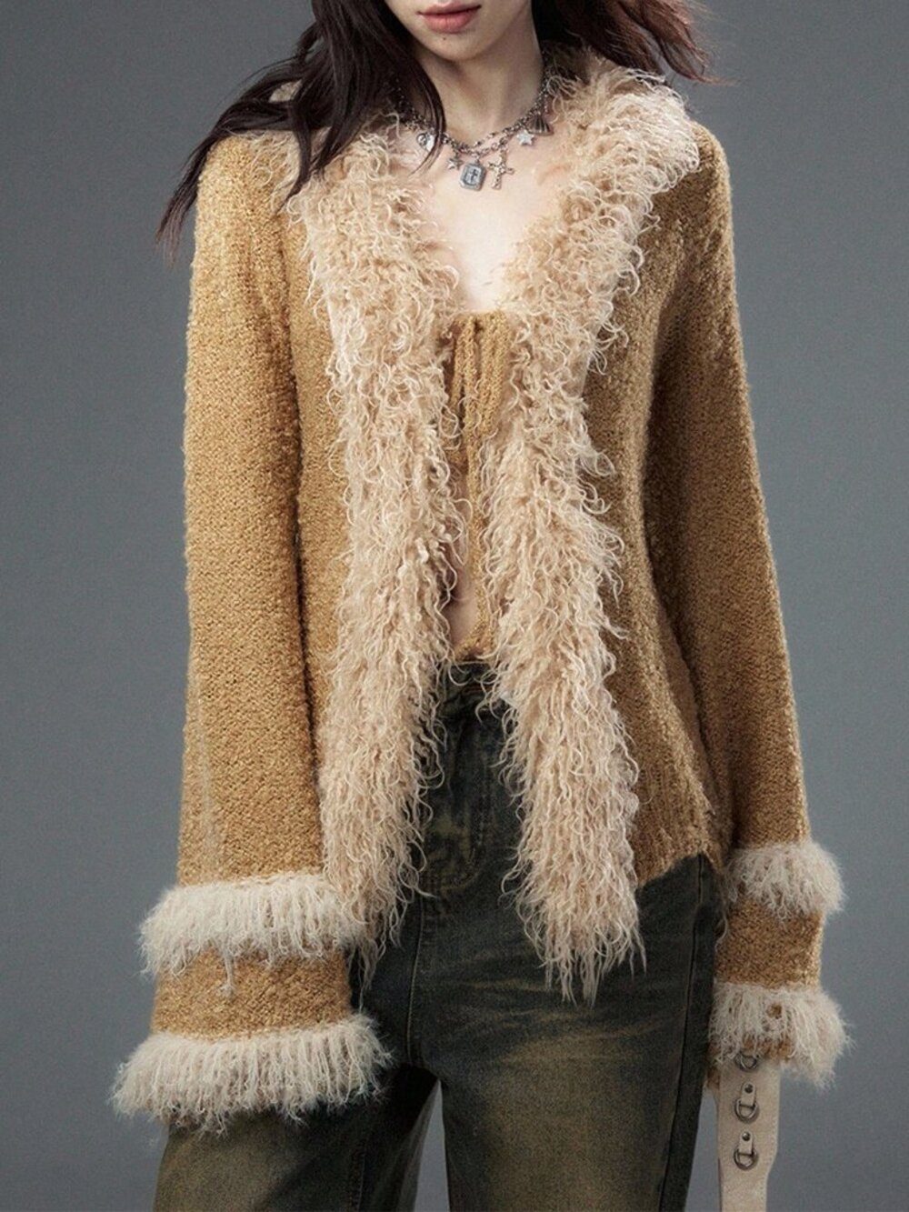 Khaki Casual Women's Fuzzy V Neck Flare Sleeve Knit Cardigan Sweater